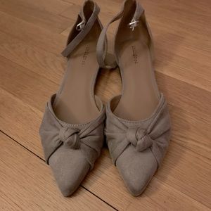 Brown suede flats with ankle strap. NEVER WORN!!